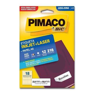 Etiqueta Adesiva A5 Inkjet + Laser A5Q-2050 (22,0 x 55,0 mm) c/18 CL 12 UN Pimaco 