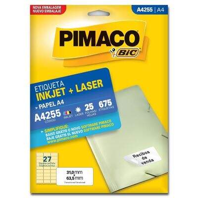 Etiqueta Adesiva  A4 Inkjet + Laser A4255 (31,0 x 63,5 mm) c/27 CL 25 UN Pimaco