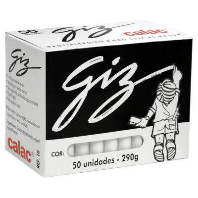 Giz Escolar Cilíndrico Plastificado Antialérgico Branco CX 50 UN Calac