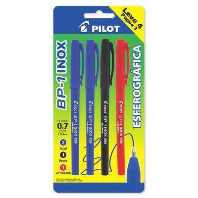 Caneta Esferográfica BP-1 Inox Fina (0.7 mm) 2 Azul + 1 Preta + 1 Vermelha Pilot