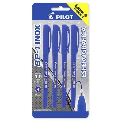 Caneta Esferográfica BP-1 Inox Média (1.0 mm) 4 Azul Pilot