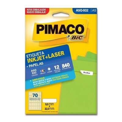 Etiqueta Adesiva A5 Inkjet + Laser A5Q-932 (9,0 x 32,0 mm) c/70 CL 12 UN Pimaco 