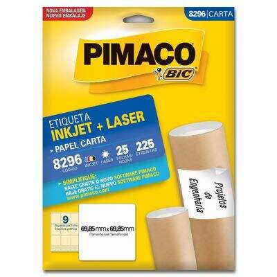 Etiqueta Adesiva Carta Inkjet + Laser 8296 (69,85 x 69,85 mm) c/09 CL 25 UN Pimaco