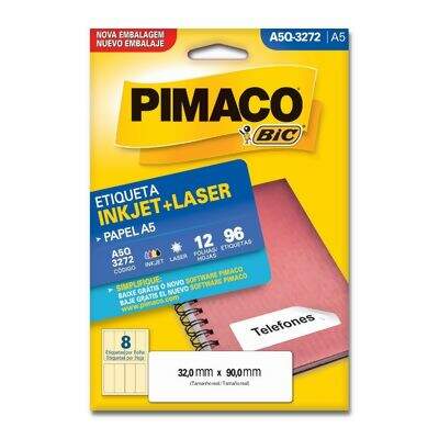 Etiqueta Adesiva A5 Inkjet + Laser A5Q-3272 (32,0 x 90,0 mm) c/08 CL 12 UN Pimaco 