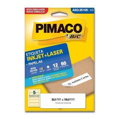 Etiqueta Adesiva  A5 Inkjet + Laser A5Q-35105 (35,0 x 105,0 mm) c/05 CL 12 UN Pimaco