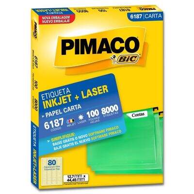 Etiqueta Adesiva Carta Inkjet + Laser 6187 (12,7 x 44,45 mm) c/80 CX 100 UN Pimaco