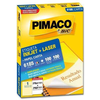Etiqueta Adesiva Carta Inkjet + Laser 6185 (279,4 x 215,9 mm) c/01 CX 100 UN Pimaco