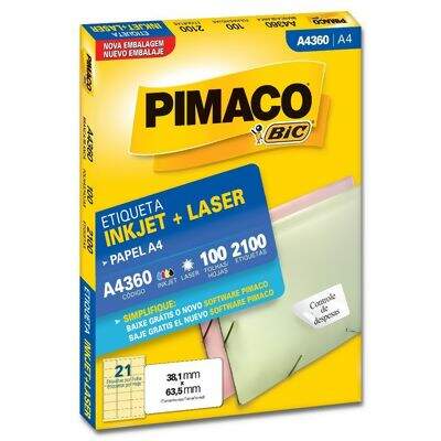 Etiqueta Adesiva  A4 Inkjet + Laser A4360 (38,1 x 63,5 mm) c/21 CX 100 UN Pimaco